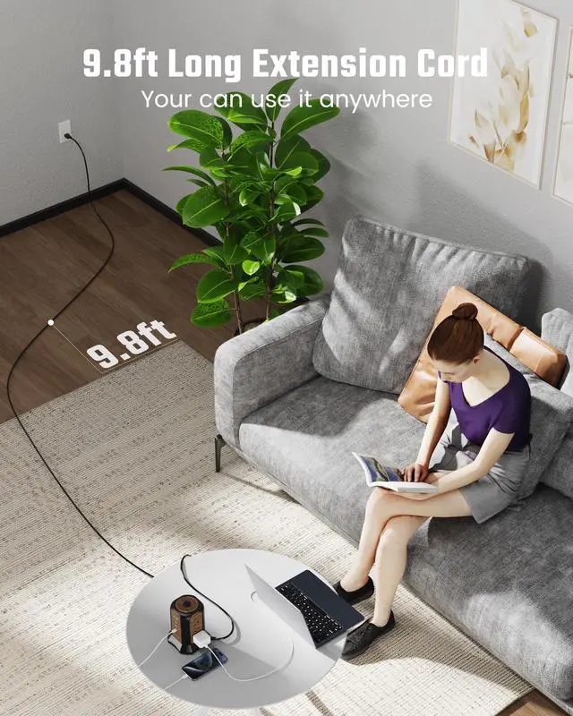 Alt view image 2 of 7 - Power Strip Tower, Desktop Charging Station,10 Ft Extension Cord | 1080J Surge Protector, 9 Outlets 4 USB Ports (2 USB C), Flat Plug Power Tower with Multiple Outlets, Home, Office, Dorm,Brown