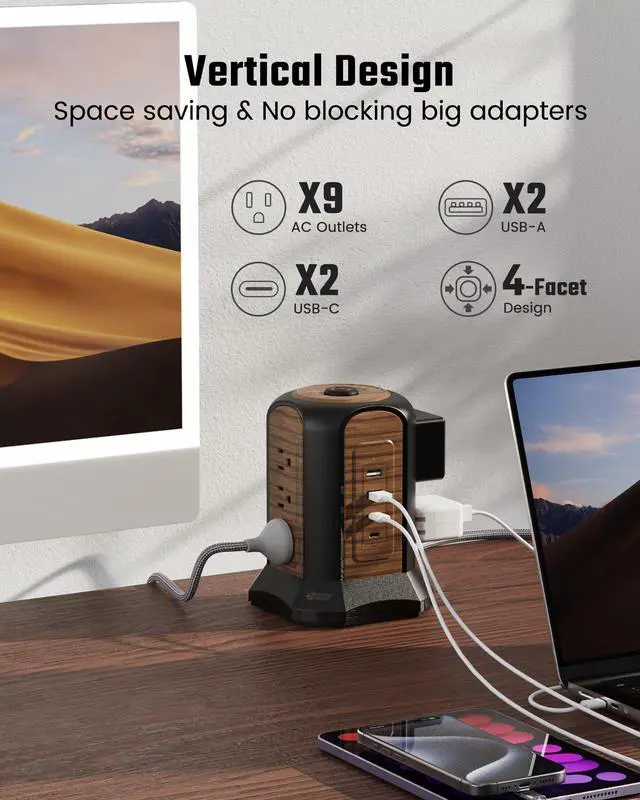 Alt view image 3 of 7 - Power Strip Tower, Desktop Charging Station,10 Ft Extension Cord | 1080J Surge Protector, 9 Outlets 4 USB Ports (2 USB C), Flat Plug Power Tower with Multiple Outlets, Home, Office, Dorm,Brown