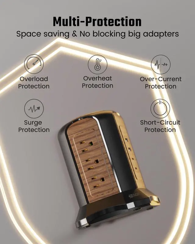 Alt view image 4 of 7 - Power Strip Tower, Desktop Charging Station,10 Ft Extension Cord | 1080J Surge Protector, 9 Outlets 4 USB Ports (2 USB C), Flat Plug Power Tower with Multiple Outlets, Home, Office, Dorm,Brown