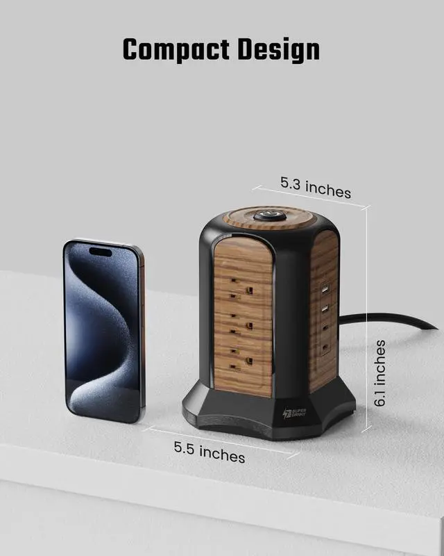 Alt view image 6 of 7 - Power Strip Tower, Desktop Charging Station,10 Ft Extension Cord | 1080J Surge Protector, 9 Outlets 4 USB Ports (2 USB C), Flat Plug Power Tower with Multiple Outlets, Home, Office, Dorm,Brown