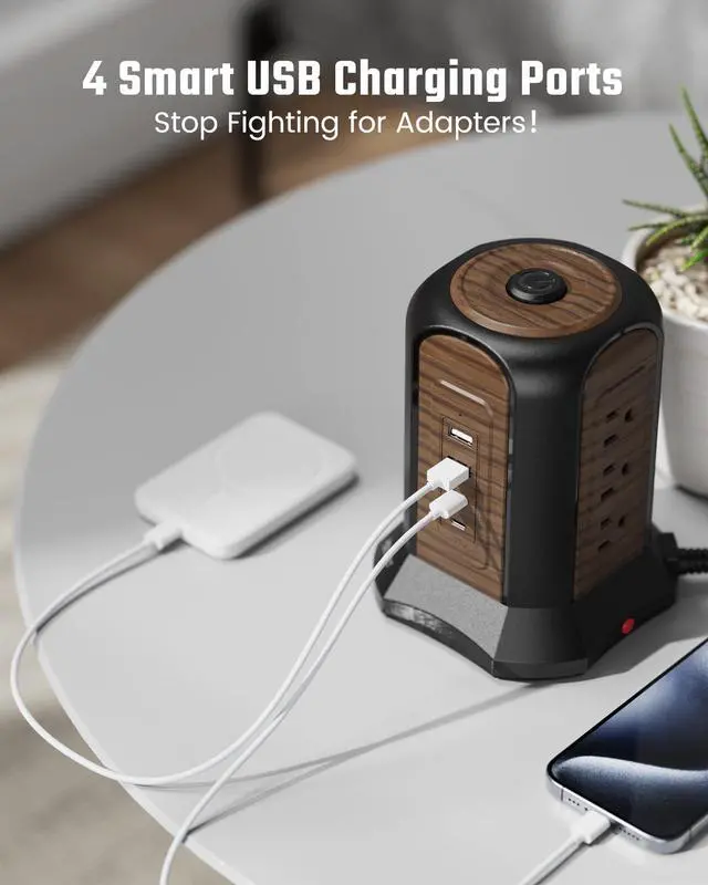 Alt view image 7 of 7 - Power Strip Tower, Desktop Charging Station,10 Ft Extension Cord | 1080J Surge Protector, 9 Outlets 4 USB Ports (2 USB C), Flat Plug Power Tower with Multiple Outlets, Home, Office, Dorm,Brown