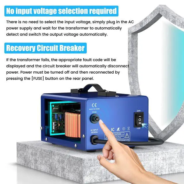 Alt view image 4 of 6 - 2000 watt Voltage Conversion Transformer Heavy-Duty Step-up/Step-Down AC 110V/120V/220V/240V Power Conversion, with resettable Circuit Breaker Protection, with US Power Cord, LCD Display