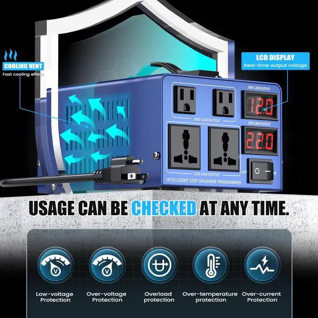 Alt view image 5 of 6 - 2000 watt Voltage Conversion Transformer Heavy-Duty Step-up/Step-Down AC 110V/120V/220V/240V Power Conversion, with resettable Circuit Breaker Protection, with US Power Cord, LCD Display