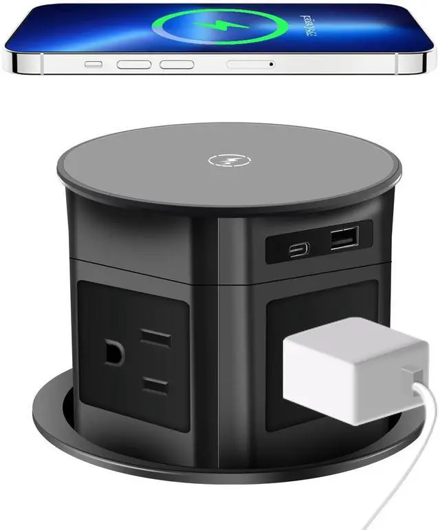 Main image of 7-in-1 Pop Up Outlet with 15W Wireless Charger,3.86 inch Hole; 4 Outlets 1875W Overload Protection, USB-A,USB C Ports PD 20W,6.5FT 16AWG Cable UL Testing for Office Home -Black