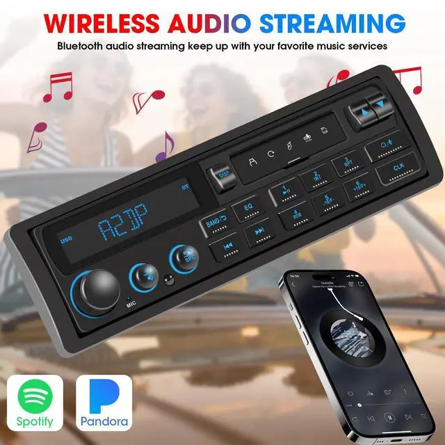 Alt view image 3 of 7 - Single Din Retro Car Radio: European Style Stereo for Classic Vehicles - Bluetooth FM AM USB SD AUX USB-C Fast Charge 4-CHN 2 Subwoofer Outputs SWC
