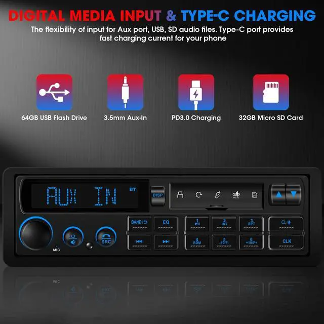 Alt view image 5 of 7 - Single Din Retro Car Radio: European Style Stereo for Classic Vehicles - Bluetooth FM AM USB SD AUX USB-C Fast Charge 4-CHN 2 Subwoofer Outputs SWC