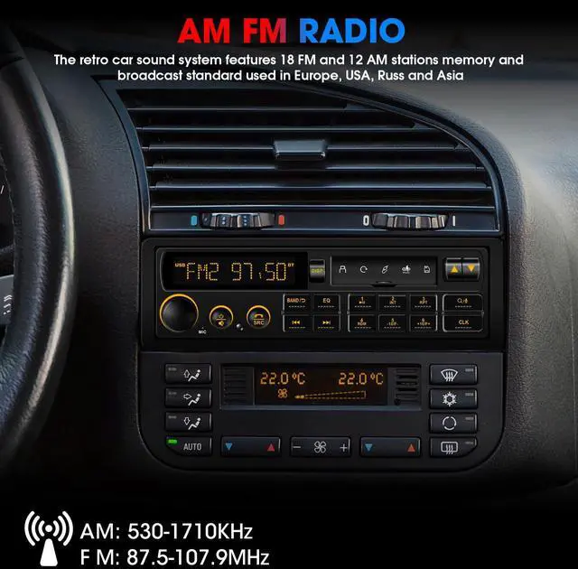 Alt view image 6 of 7 - Single Din Retro Car Radio: European Style Stereo for Classic Vehicles - Bluetooth FM AM USB SD AUX USB-C Fast Charge 4-CHN 2 Subwoofer Outputs SWC