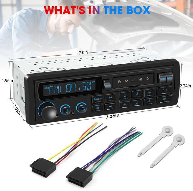 Alt view image 7 of 7 - Single Din Retro Car Radio: European Style Stereo for Classic Vehicles - Bluetooth FM AM USB SD AUX USB-C Fast Charge 4-CHN 2 Subwoofer Outputs SWC
