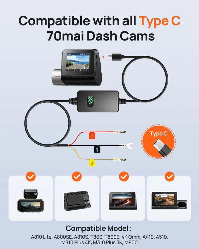 Alt view image 2 of 7 - Adjustable Hardwire Kit UP06 for Type-C Dash Cams, 3-Level Low Voltage Protection, Real-Time Voltage Display, 24H Parking Mode for M310/A510/A500S/A810/A800SE/X800/T800/ A810 Lite Car Cameras