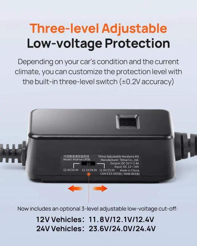 Alt view image 4 of 7 - Adjustable Hardwire Kit UP06 for Type-C Dash Cams, 3-Level Low Voltage Protection, Real-Time Voltage Display, 24H Parking Mode for M310/A510/A500S/A810/A800SE/X800/T800/ A810 Lite Car Cameras