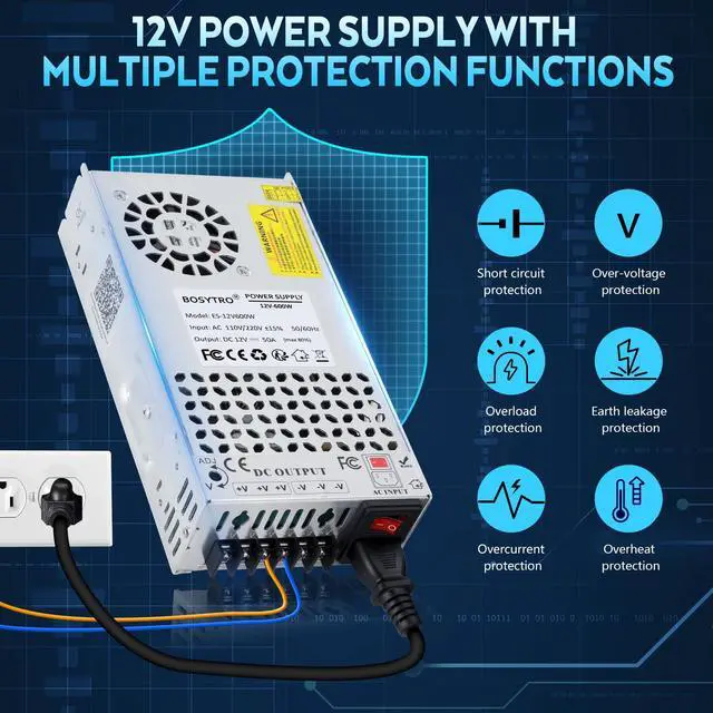 Alt view image 2 of 7 - Upgraded 12V DC Power Supply 600W 50A AC to DC Converter Switching Power Supply for Led Strip, Motor Pump, CCTV, 3D Printer, Electronic Instruments, Lab Computer