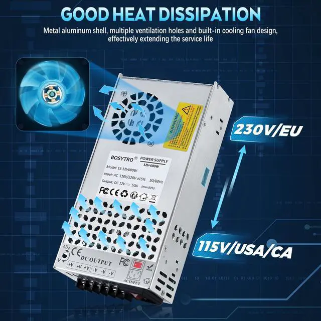 Alt view image 4 of 7 - Upgraded 12V DC Power Supply 600W 50A AC to DC Converter Switching Power Supply for Led Strip, Motor Pump, CCTV, 3D Printer, Electronic Instruments, Lab Computer