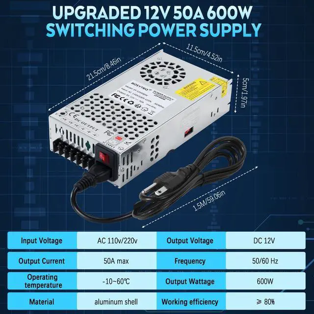 Alt view image 7 of 7 - Upgraded 12V DC Power Supply 600W 50A AC to DC Converter Switching Power Supply for Led Strip, Motor Pump, CCTV, 3D Printer, Electronic Instruments, Lab Computer