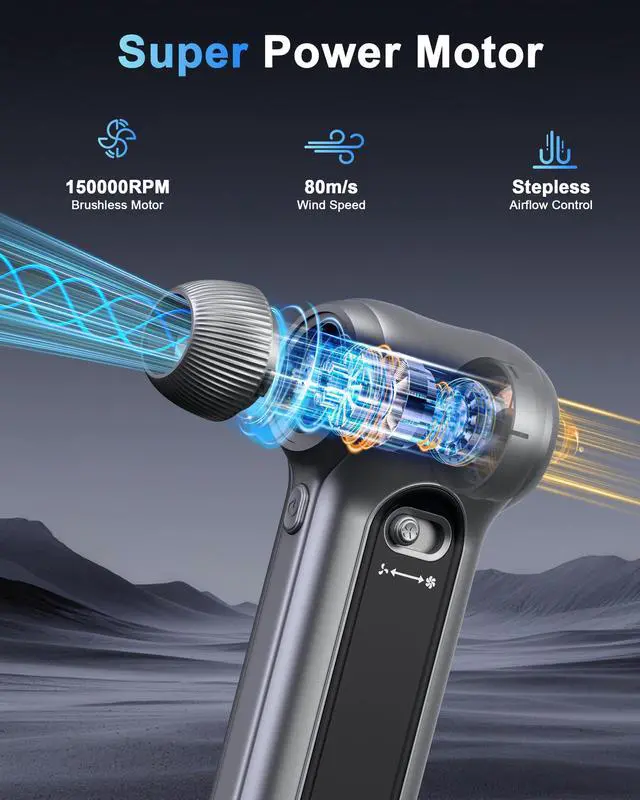 Alt view image 2 of 7 - Compressed Air Duster 150000RPM Cordless Blower LED for Electronics Car | 150000RPM brushless cordless air duster. Stepless speed control. Rechargeable with LED light. Multi nozzles for electronics