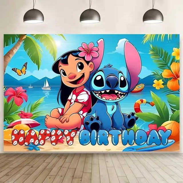 Main image of Wall Decor Backdrop for Stitch Birthday Decorations, Cute Banner for Stitch Party Supplies (5x3ft)
