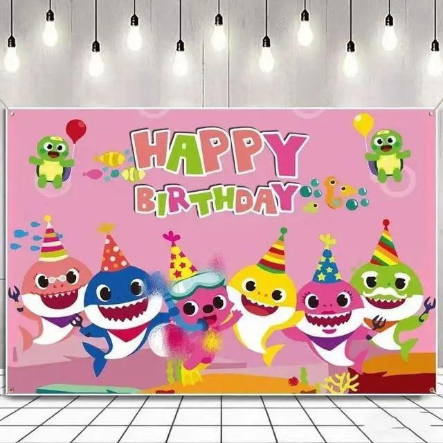 Alt view image 3 of 6 - Baby Birthday Party Shark Background (71 inches * 47 inches), Blue Cartoon Ocean Photo Background for Baby Gifting Party Decoration, Shark Decorations and Party Supplies (Pink) (Pink)
