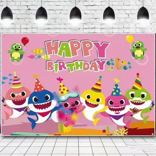 Alt view image 4 of 6 - Baby Birthday Party Shark Background (71 inches * 47 inches), Blue Cartoon Ocean Photo Background for Baby Gifting Party Decoration, Shark Decorations and Party Supplies (Pink) (Pink)