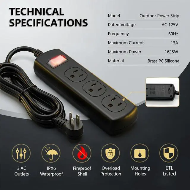 Alt view image 5 of 7 - Outdoor Power Strip Weatherproof IPX6, Waterproof Surge Protector with 3 Wide-Spaced Outlets, Flat Plug Heavy Duty Extension Cord for Garden Patio Garage, Wall Mountable, 13A 1625W (Black, 6FT)