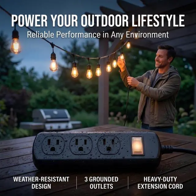 Alt view image 6 of 7 - Outdoor Power Strip Weatherproof IPX6, Waterproof Surge Protector with 3 Wide-Spaced Outlets, Flat Plug Heavy Duty Extension Cord for Garden Patio Garage, Wall Mountable, 13A 1625W (Black, 6FT)