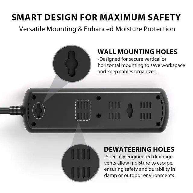 Alt view image 7 of 7 - Outdoor Power Strip Weatherproof IPX6, Waterproof Surge Protector with 3 Wide-Spaced Outlets, Flat Plug Heavy Duty Extension Cord for Garden Patio Garage, Wall Mountable, 13A 1625W (Black, 6FT)