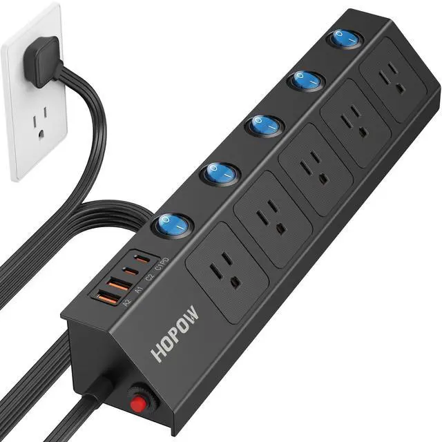 Main image of 10FT Power Strip with Individual Switches, 5AC&2A2C, Flat Extension Cord | PD20W, 1700 Joules, 1625W/13A, Wide Spaced for Bulky Plugs, Flat Plug, Wall Mount, Black, Surge Protector for Home Office