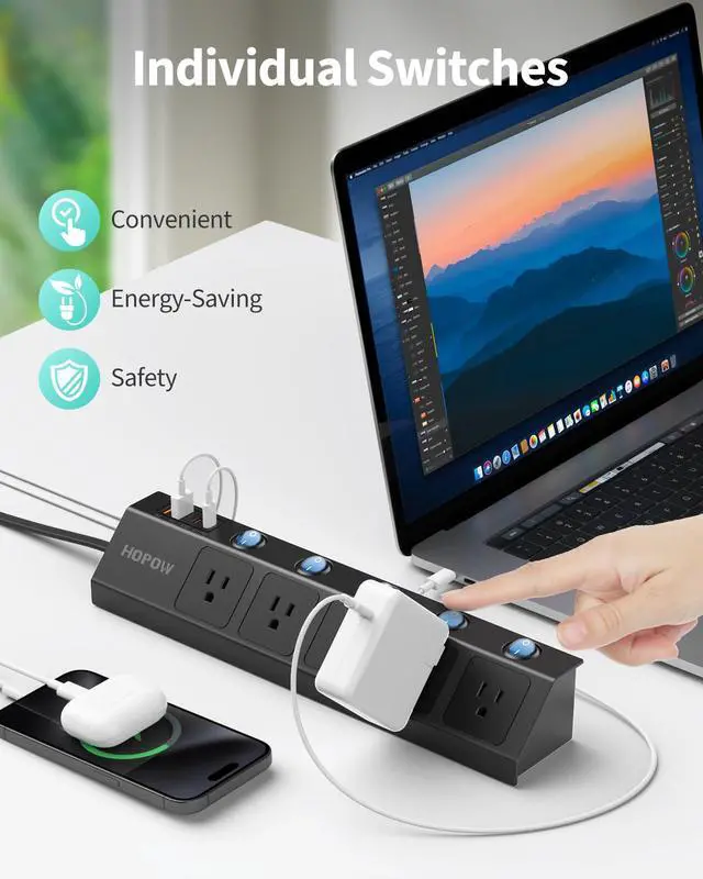 Alt view image 2 of 6 - 10FT Power Strip with Individual Switches, 5AC&2A2C, Flat Extension Cord | PD20W, 1700 Joules, 1625W/13A, Wide Spaced for Bulky Plugs, Flat Plug, Wall Mount, Black, Surge Protector for Home Office