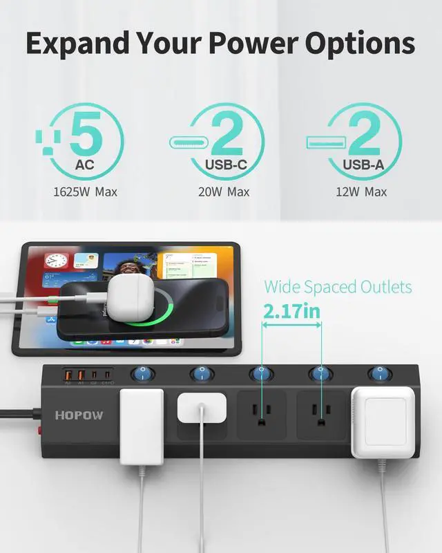 Alt view image 3 of 6 - 10FT Power Strip with Individual Switches, 5AC&2A2C, Flat Extension Cord | PD20W, 1700 Joules, 1625W/13A, Wide Spaced for Bulky Plugs, Flat Plug, Wall Mount, Black, Surge Protector for Home Office