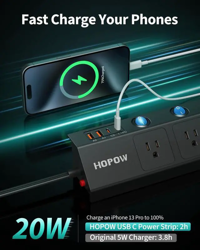 Alt view image 5 of 6 - 10FT Power Strip with Individual Switches, 5AC&2A2C, Flat Extension Cord | PD20W, 1700 Joules, 1625W/13A, Wide Spaced for Bulky Plugs, Flat Plug, Wall Mount, Black, Surge Protector for Home Office