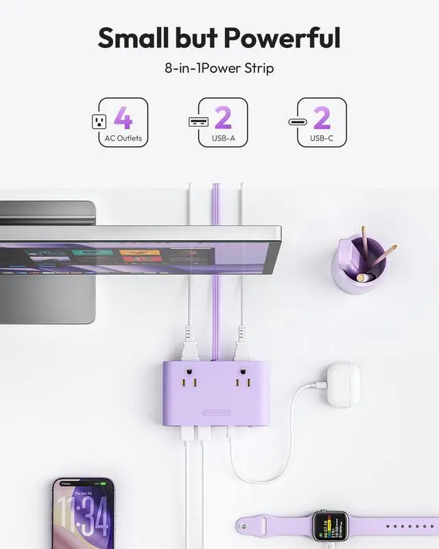 Alt view image 2 of 7 - Flat Plug Power Strip, Desktop Charging Station with 25W USB C Ports, Purple Extension Cord with 4 AC Outlets, 5ft Flat Extension Cord for Home Office, Dorm Room Essentials