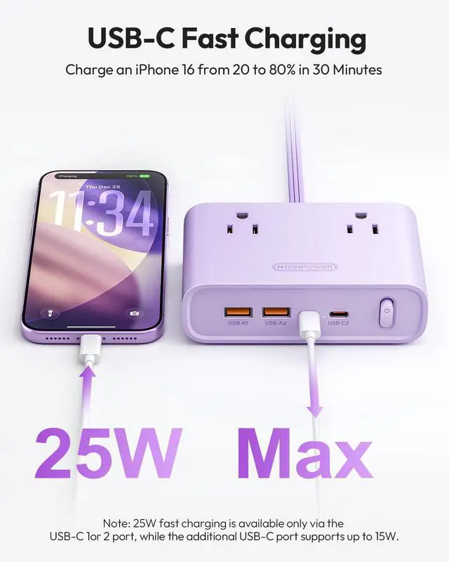 Alt view image 3 of 7 - Flat Plug Power Strip, Desktop Charging Station with 25W USB C Ports, Purple Extension Cord with 4 AC Outlets, 5ft Flat Extension Cord for Home Office, Dorm Room Essentials