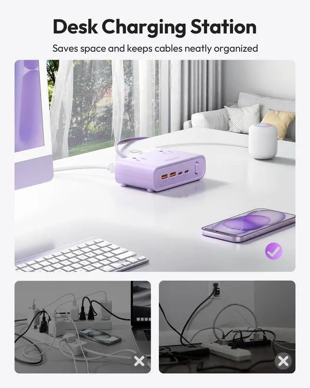 Alt view image 4 of 7 - Flat Plug Power Strip, Desktop Charging Station with 25W USB C Ports, Purple Extension Cord with 4 AC Outlets, 5ft Flat Extension Cord for Home Office, Dorm Room Essentials