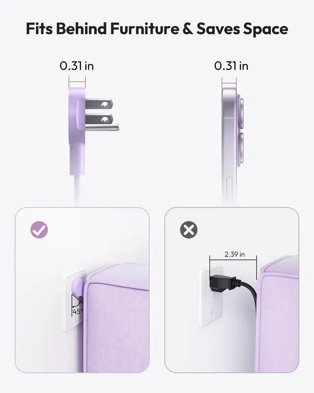 Alt view image 5 of 7 - Flat Plug Power Strip, Desktop Charging Station with 25W USB C Ports, Purple Extension Cord with 4 AC Outlets, 5ft Flat Extension Cord for Home Office, Dorm Room Essentials