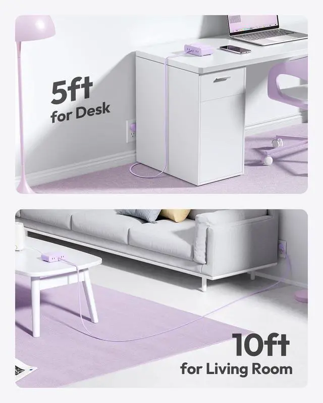 Alt view image 6 of 7 - Flat Plug Power Strip, Desktop Charging Station with 25W USB C Ports, Purple Extension Cord with 4 AC Outlets, 5ft Flat Extension Cord for Home Office, Dorm Room Essentials
