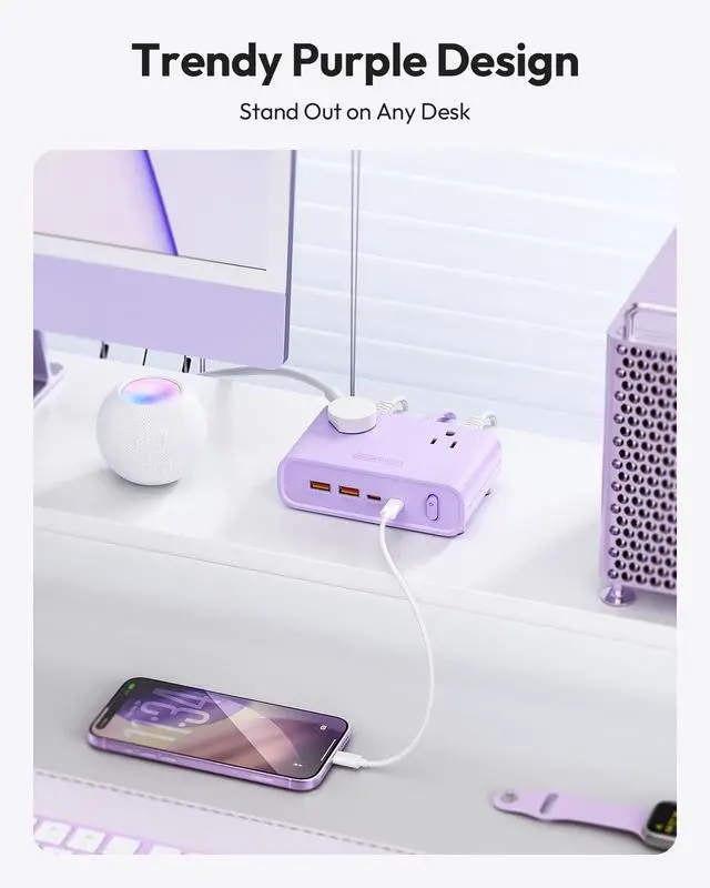 Alt view image 7 of 7 - Flat Plug Power Strip, Desktop Charging Station with 25W USB C Ports, Purple Extension Cord with 4 AC Outlets, 5ft Flat Extension Cord for Home Office, Dorm Room Essentials