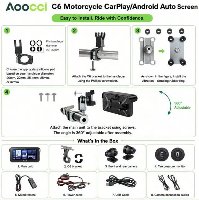 Alt view image 2 of 7 - C6 PRO Motorcycle Dash Cam Front and Rear, Motorcycle CarPlay, 1080P Dual Dash Motorbike Camera with Apple CarPlay and Android Auto, GPS & Emergency Lock, 140° Wide Angle, IP67 Waterproof