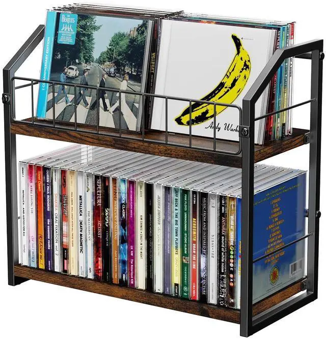 Main image of 2-Tier CD Holder, Clear CD Storage Rack for Non-slip Feets, CD Organizer with Dispay Top Shelf, Premium CD shelf for Home Office, Holds Up to 60 Standard Rectangular Jewel Cases (Brown)