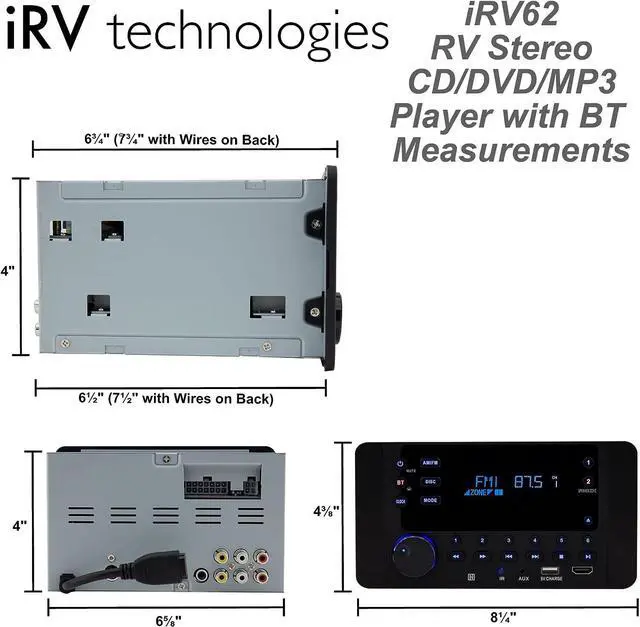 Alt view image 7 of 7 - iRV62 75W 2 Zones Bluetooth Car Radio with DVD/CD Player, 4-Speaker Output | Wall-Mount RV Stereo Receiver with VA Display, HDMI ARC, 12V DC, DVD/CD/MP4/MP3 Player, Bluetooth NFC, AM/FM, 5V USB Charge