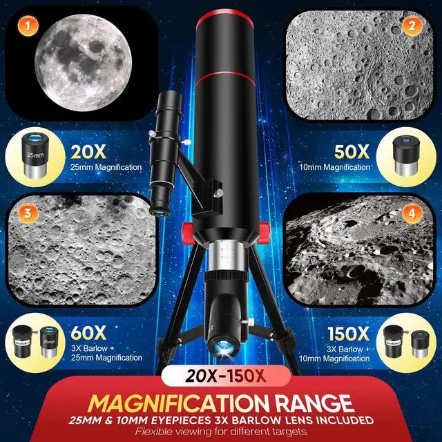 Alt view image 3 of 7 - Telescope for Kids & Adults80mm Aperture 500mm Portable Refractor | High Powered (20X-150X), Astronomy Telescope for Beginners with Tripod, Phone Adapter, Backpack & Stickers (Black)