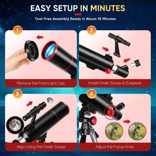 Alt view image 4 of 7 - Telescope for Kids & Adults80mm Aperture 500mm Portable Refractor | High Powered (20X-150X), Astronomy Telescope for Beginners with Tripod, Phone Adapter, Backpack & Stickers (Black)