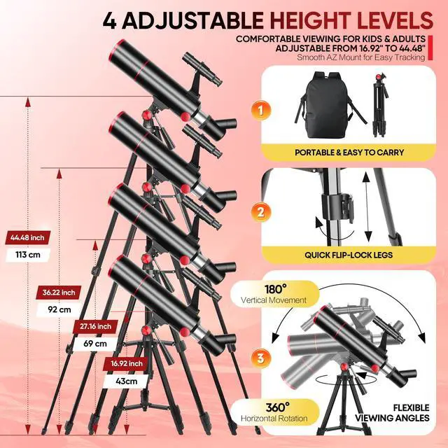 Alt view image 5 of 7 - Telescope for Kids & Adults80mm Aperture 500mm Portable Refractor | High Powered (20X-150X), Astronomy Telescope for Beginners with Tripod, Phone Adapter, Backpack & Stickers (Black)