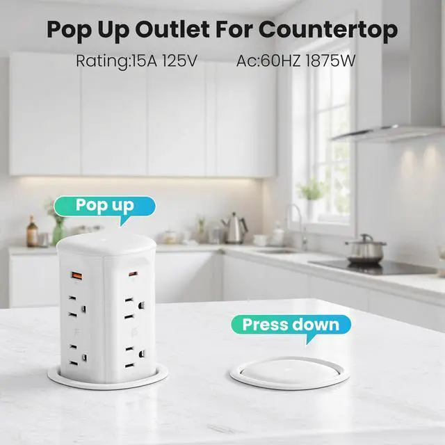 Alt view image 4 of 7 - Pop Up Countertop Outlet with 15W Wireless Charger,4 USB/8 AC | 6FT Cord,Fits 3.15" Hole,30W USB,20W Outlet,Pop up Outlet for Conference Table,Kitchen Island,ETL Listed