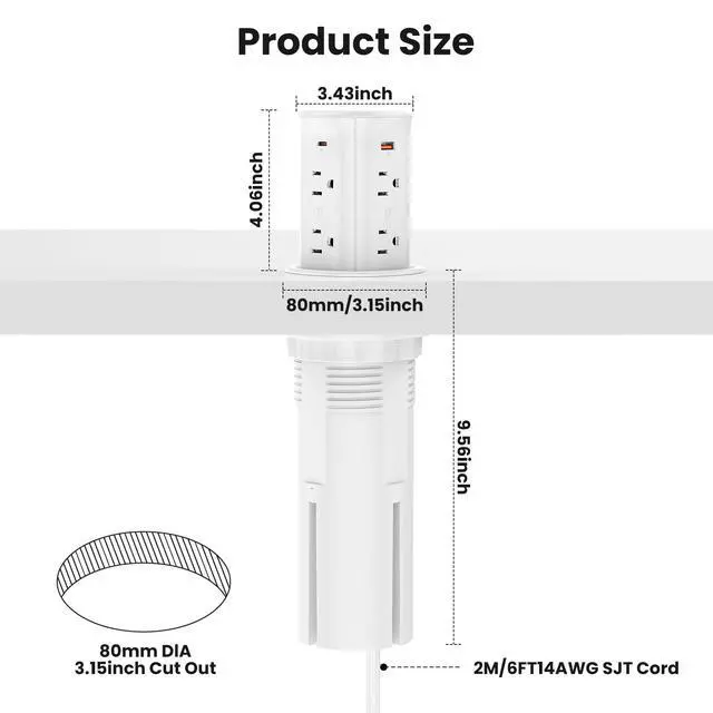 Alt view image 6 of 7 - Pop Up Countertop Outlet with 15W Wireless Charger,4 USB/8 AC | 6FT Cord,Fits 3.15" Hole,30W USB,20W Outlet,Pop up Outlet for Conference Table,Kitchen Island,ETL Listed