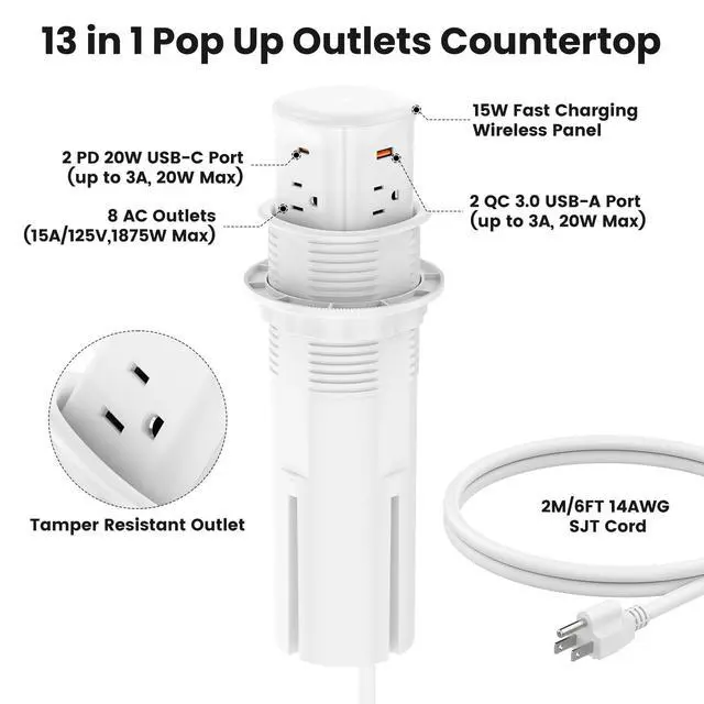 Alt view image 7 of 7 - Pop Up Countertop Outlet with 15W Wireless Charger,4 USB/8 AC | 6FT Cord,Fits 3.15" Hole,30W USB,20W Outlet,Pop up Outlet for Conference Table,Kitchen Island,ETL Listed
