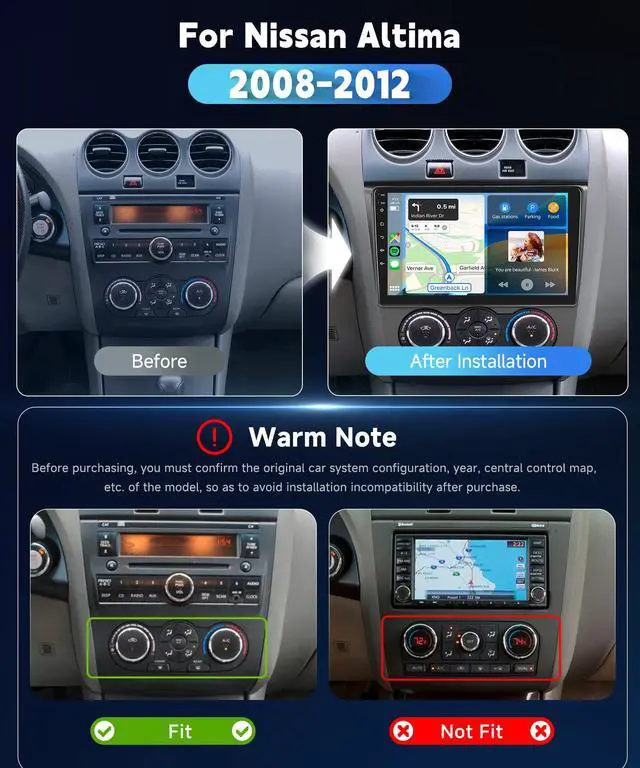 Alt view image 2 of 7 - 4+64G Car Stereo for Nissan Altima 2008-2012 Wireless CarPlay Car Stereo,9" Android Auto IPS 1280 * 720P Touchscreen,Android Car Radio 32EQ DSP HiFi,Bluetooth,FM,5G WiFi,GPS+Backup Camera Manual A/C