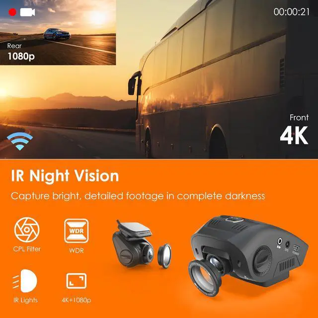 Alt view image 3 of 7 - USA V1P SE 4K Dual Dash Cam w/GPS, Wi-Fi & 2pcs-CPL Filter | 512GB Support | Front 2160p, Rear 1080p | 170° Angle | G-Sensor | WDR | Loop Record | Parking Monitor | 64GB Memory Card Included