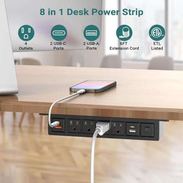 Alt view image 2 of 7 - Under Desk Power Strip with 20W USB C, 8-in-1 Desk Outlet Station, 4 AC Outlets, 2 USB-C, 2 USB-A, 6FT Cable, Desk Mount Power Strip for Home Office Conference, ETL Listed(Black)