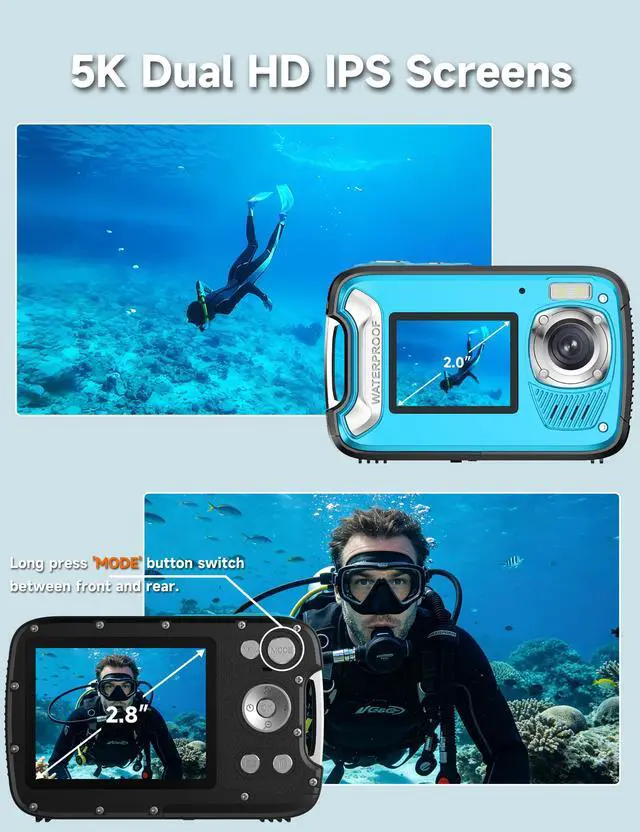 Alt view image 3 of 7 - 5K Waterproof Camera, 96MP 33FT Underwater Camera with Dual Screens, Autofocus Digital Camera for Snorkeling, Scuba Diving, Surfing & Travel