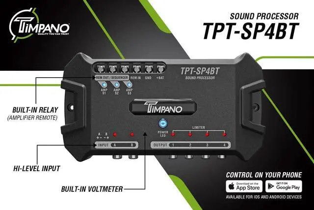 Alt view image 2 of 6 - TPT-SP4BT Bluetooth DSP 4 Output Channel- Full Digital Signal DSP Car Audio Processor - Built-in Voltmeter and Remote Relay