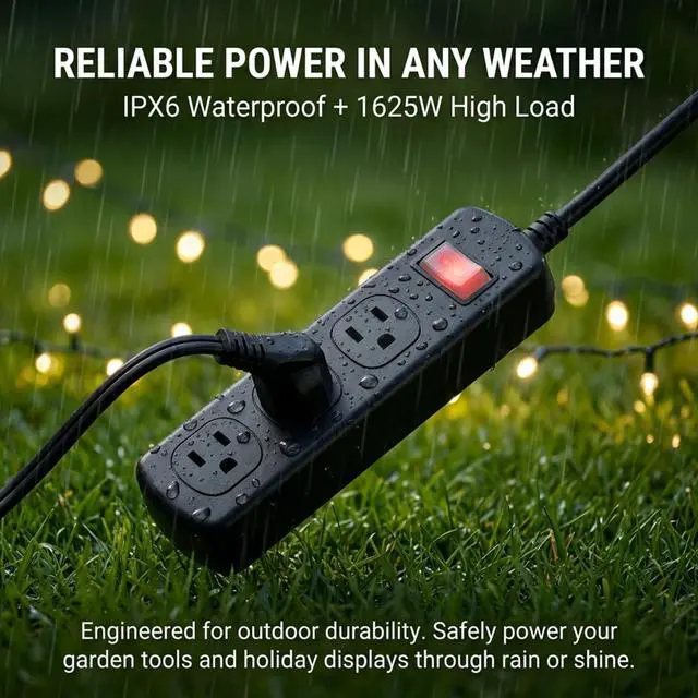 Alt view image 2 of 7 - Outdoor Power Strip Weatherproof IPX6, Waterproof Surge Protector with 3 Wide-Spaced Outlets, Flat Plug Heavy Duty Extension Cord for Garden Patio Garage, Wall Mountable, 13A 1625W (Black, 6FT)