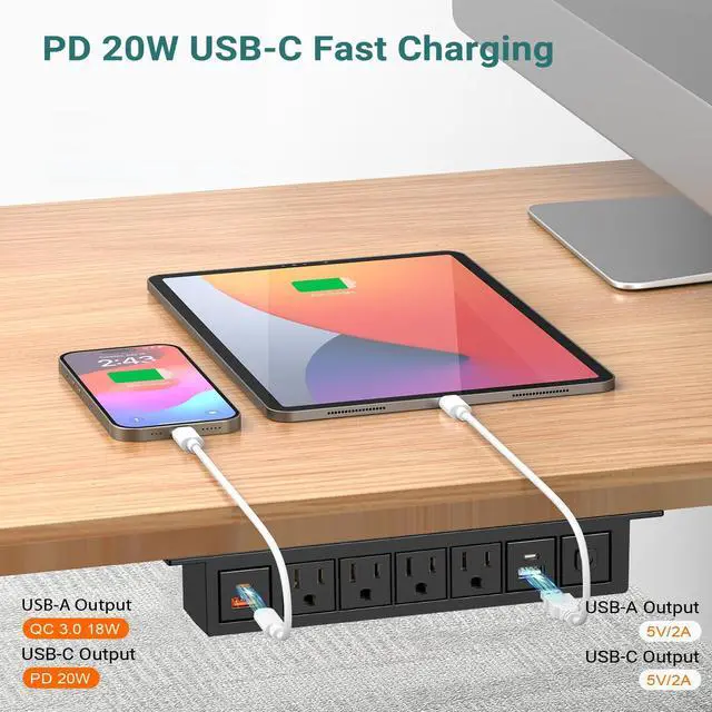 Alt view image 3 of 7 - Under Desk Power Strip with 20W USB C, 8-in-1 Desk Outlet Station, 4 AC Outlets, 2 USB-C, 2 USB-A, 6FT Cable, Desk Mount Power Strip for Home Office Conference, ETL Listed(Black)